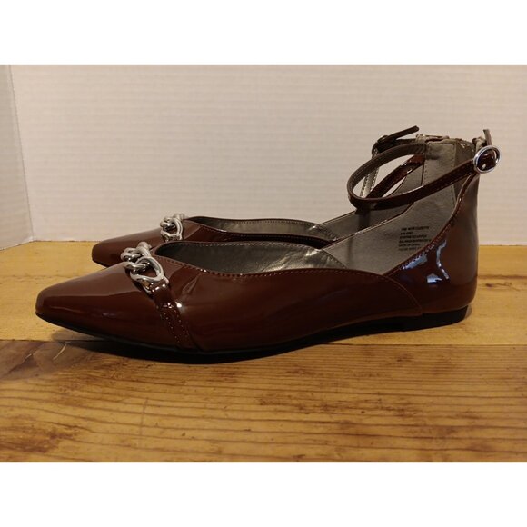 Worthington Cozette Women's 11 M Brown Patent Pointed Toe Ballet Flats Chain Zip - Picture 3 of 9